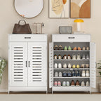 Meuble à chaussures 20 paires, armoire à chaussures avec 2 portes persiennes, tiroir et étagères réglables, blanc-7