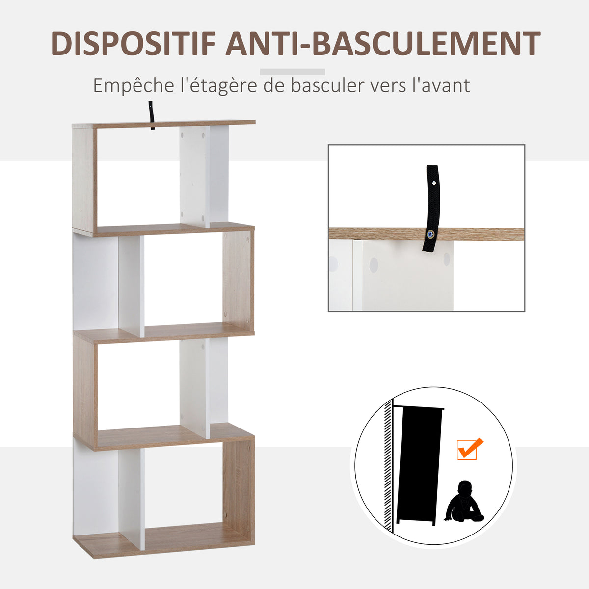 Bibliothèque à 4 niveaux, meuble de rangement en forme de S avec étagères, étagère de rangement pour salon, chambre bureau, 60 x 24 x 148 cm, bois naturel et blanc-4