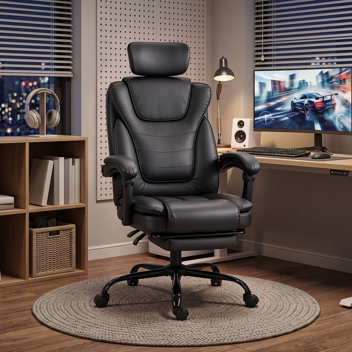 Chaise Gaming Ergonomique, Fauteuil Gaming Inclinable en Cuir Synthétique, Hauteur Réglable, Appui-Tête 2D, Noir-1