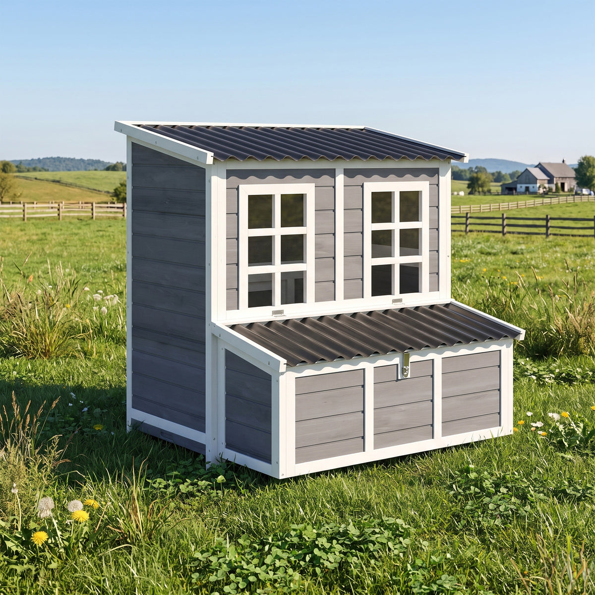 Poulailler en bois XL avec nichoir 3 compartiments tiroir amovible toit imperméable porte-rampe 100x86x100cm gris-1