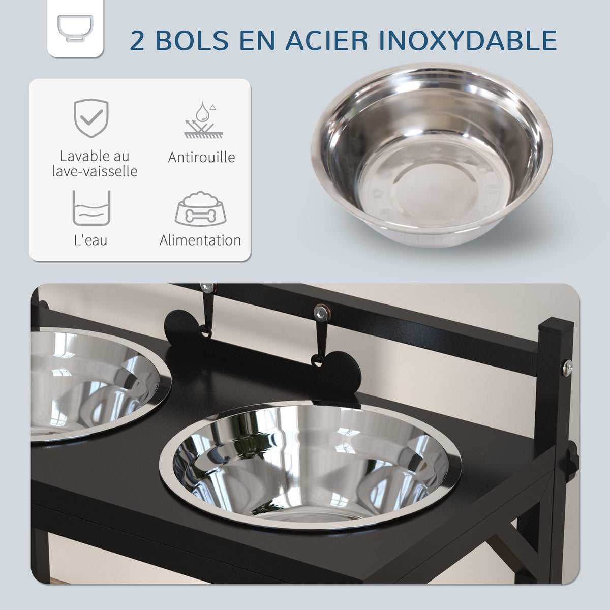 Gamelles surrélevées chien avec support réglable en hauteur de 11 à 33 cm 2 bols en acier inoxydables amovibles noir-5