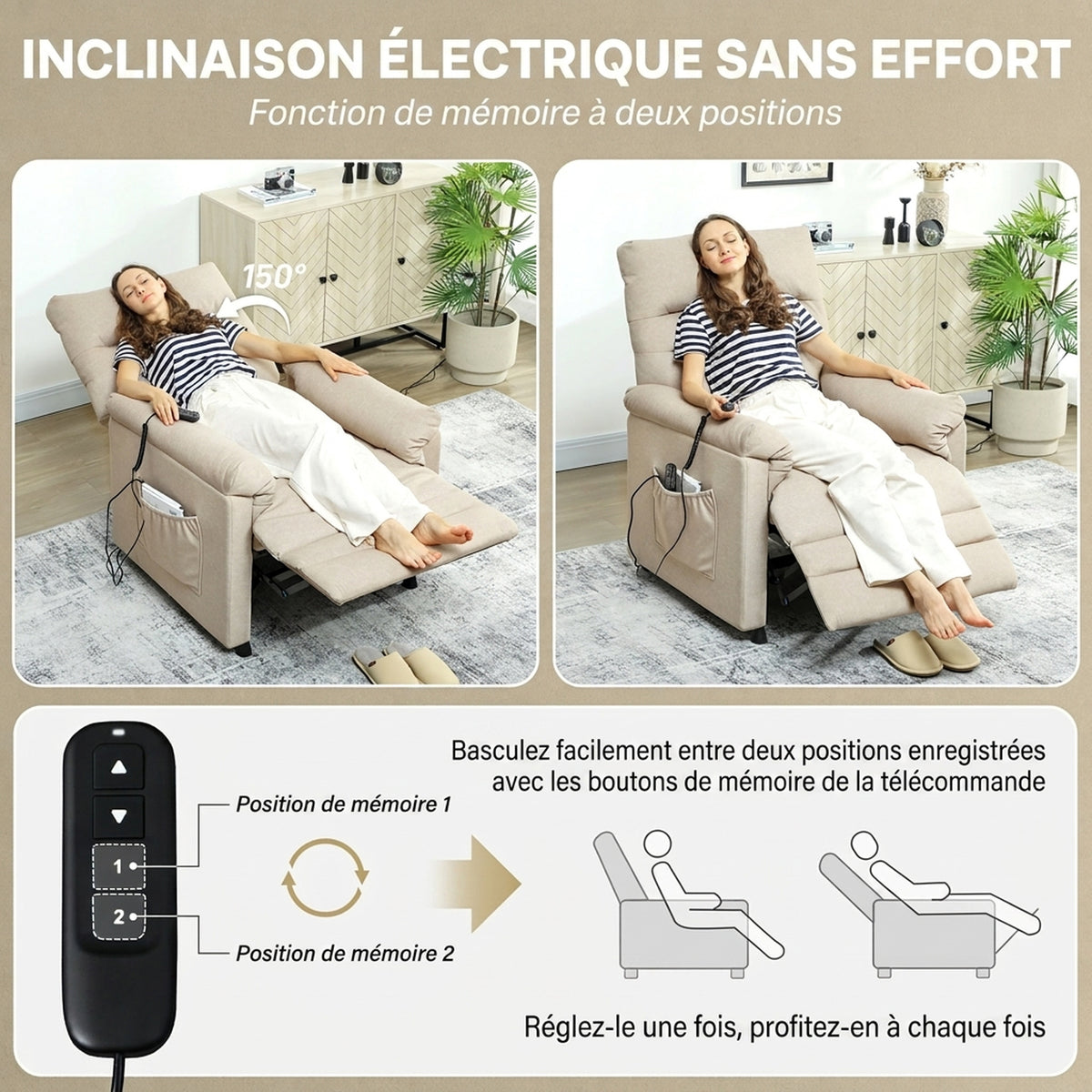 Fauteuil Relax Électrique Massant et Chauffant en Velours, Ultra Silencieux, Inclinable, Port USB, 82x99x106cm, Beige-4