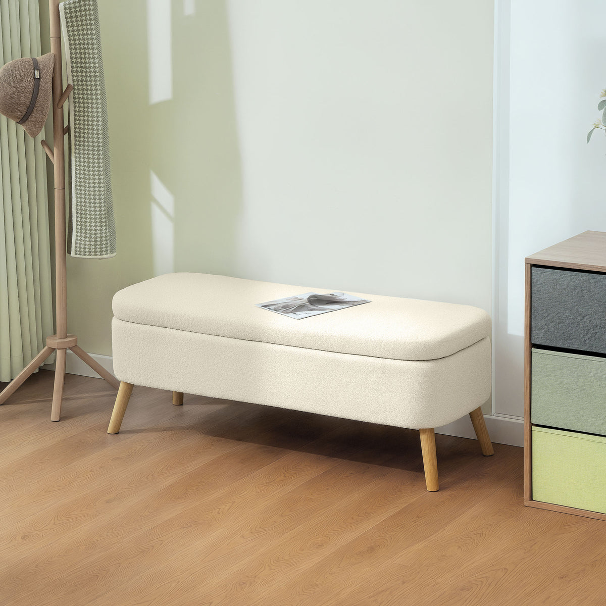 Banc de rangement, bout de lit avec couvercle, pieds en bois, capacité 65 L, jusqu'à 220 kg, 120x42x45cm, beige-9