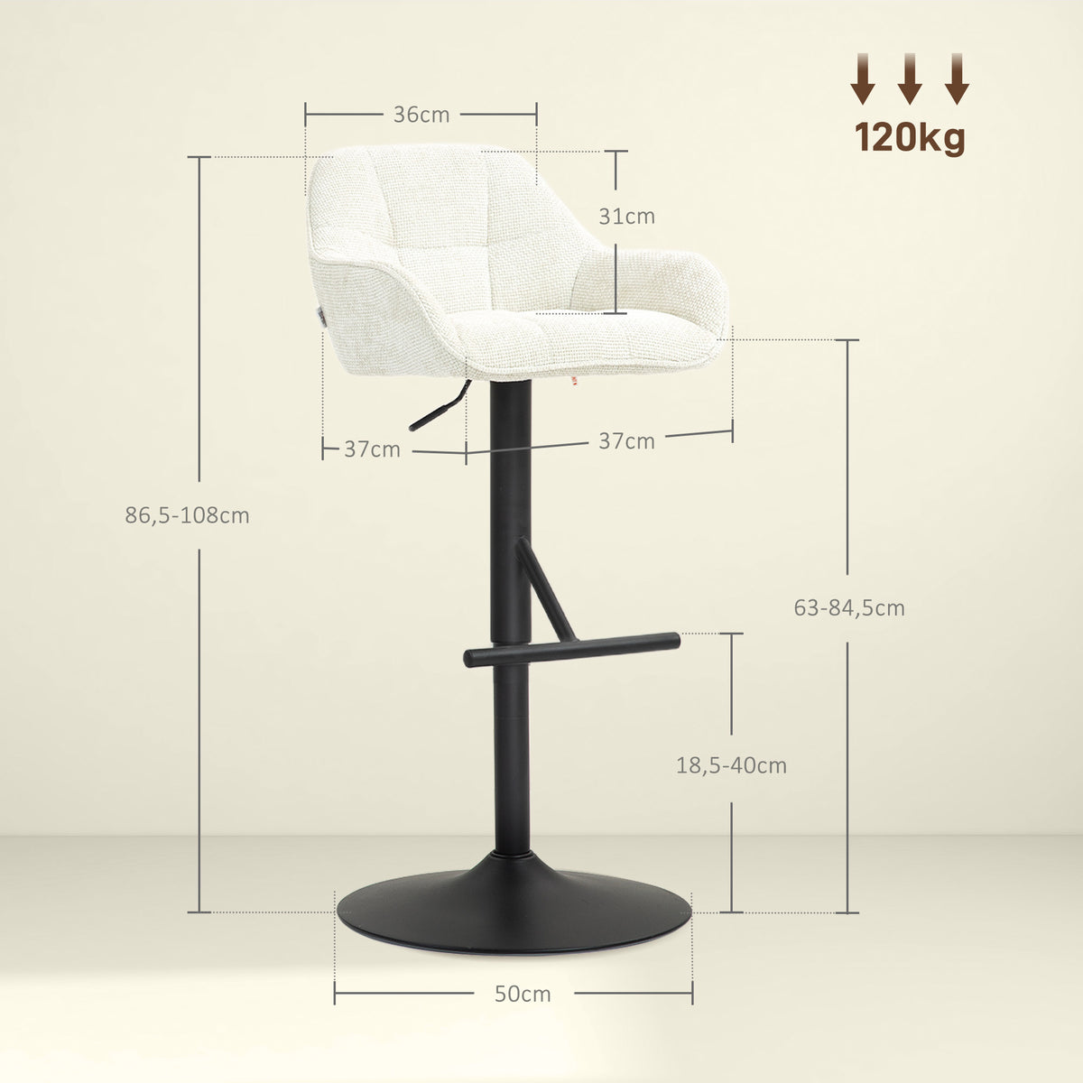 Lot de 2 tabourets de bar chaises de bar hauteur réglable tissu effet lin et base en acier 52,5 x 53 x 86,5-108 cm crème-2