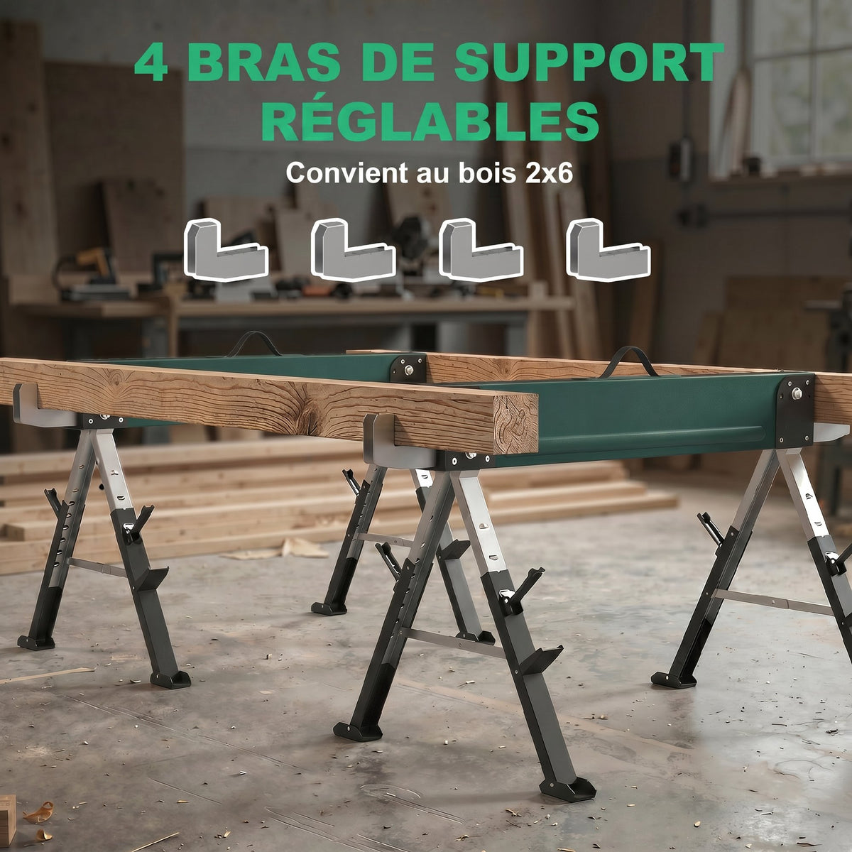 lot de 2 tréteaux pliables en métal, charge max 1160 kg, hauteur réglable 64-81cm, poignée de transport, vert-7