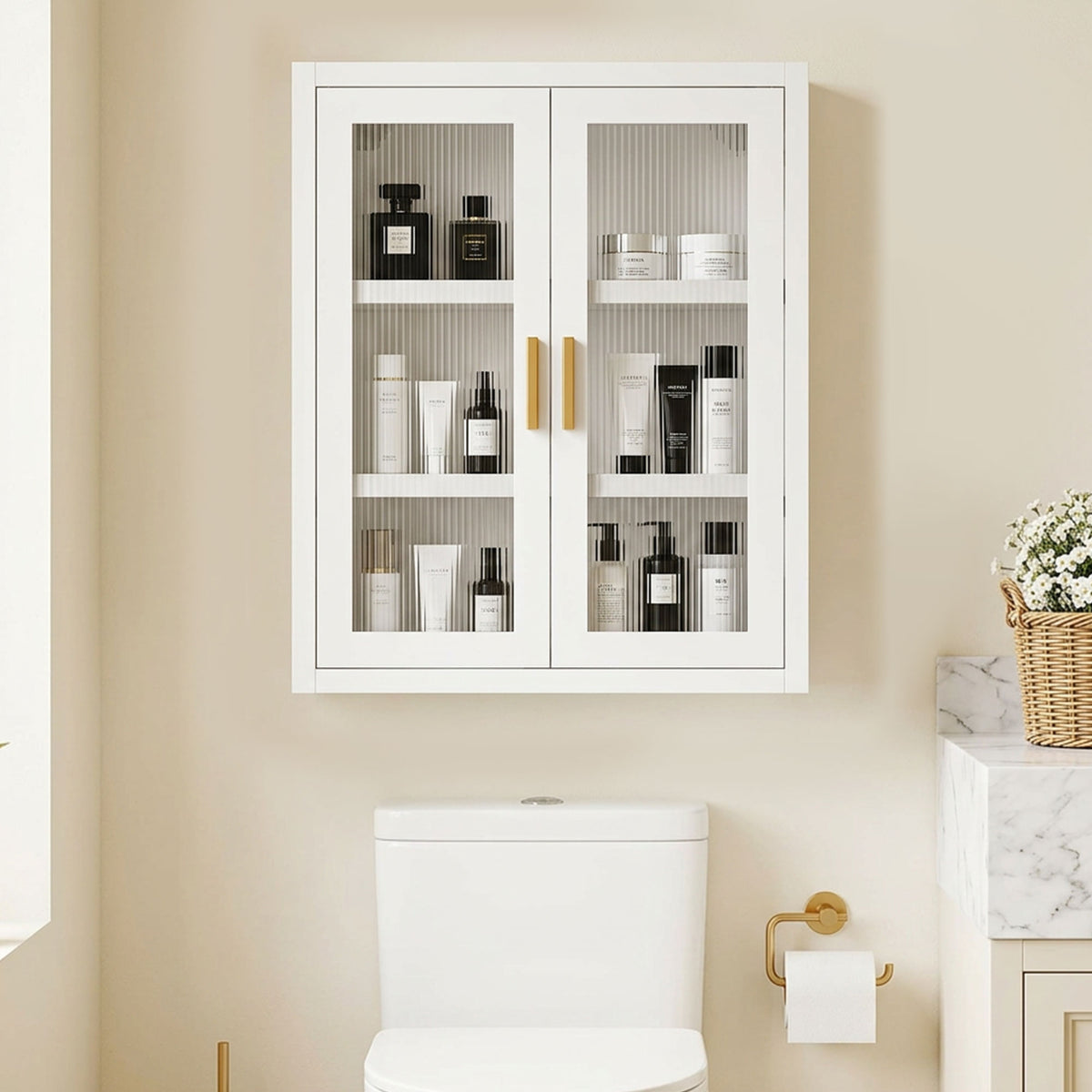 Armoire murale de salle de bain, meuble haut salle de bains avec 2 portes cannelées, étagère réglable, 40x14x50cm, blanc-1