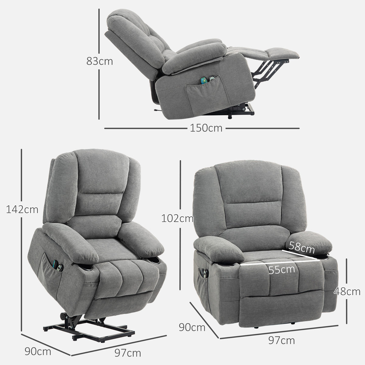 Fauteuil releveur relax électrique, fonction massage et chaleur, inclinaison réglable, repose-pied, télécommandes, gris-2