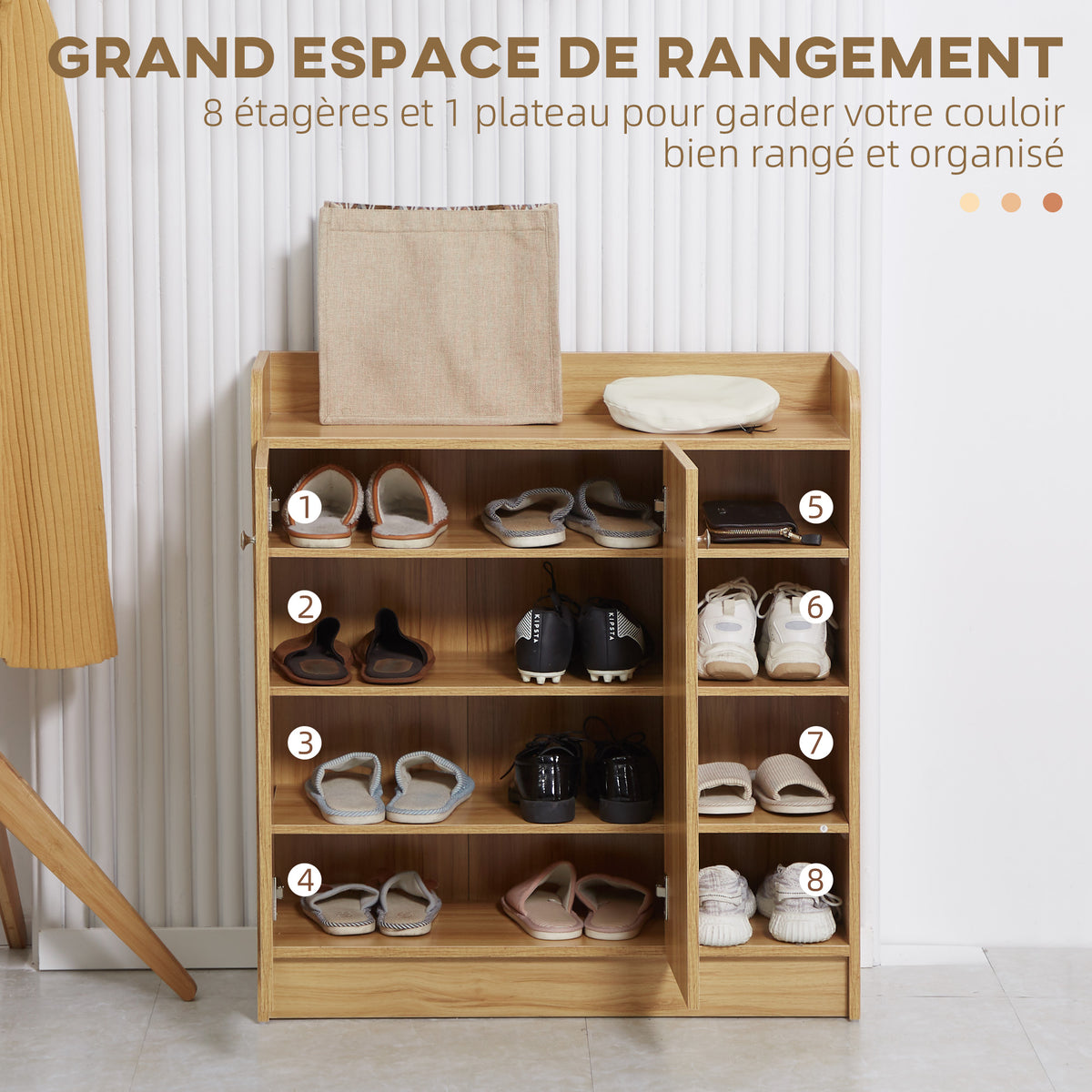 Meuble de rangement à chaussures pour entrée avec 4 compartiments ouverts et placard double porte - étagère réglable-3