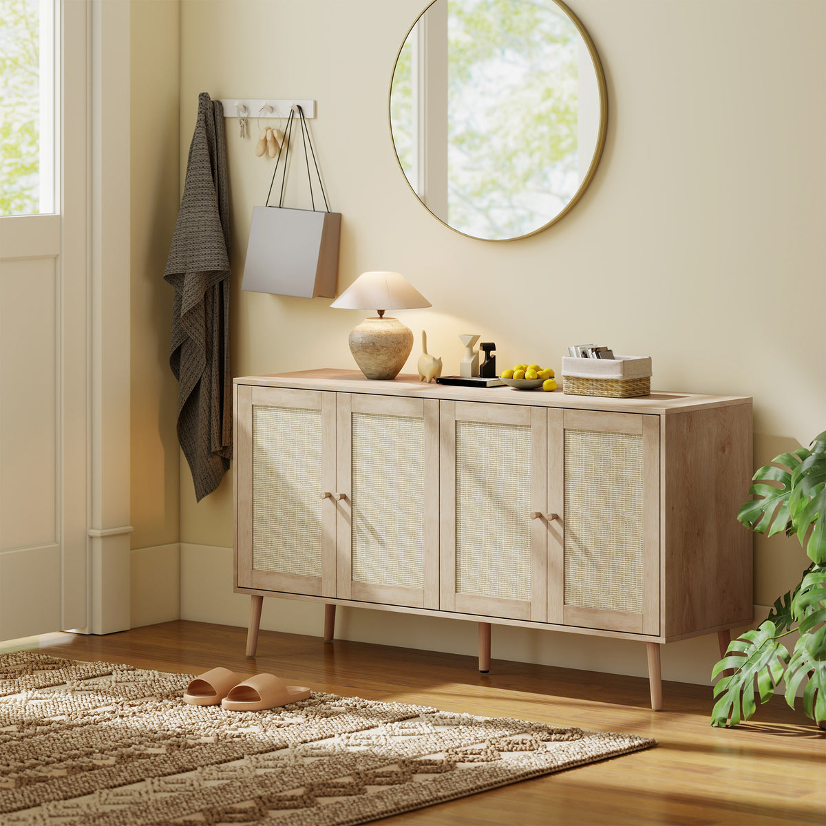 Buffet salon meuble de rangement placards à portes en cannage et étagère réglable 140 x 40 x 75 cm effet bois naturel-8