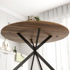 Table à manger ronde pour 4 personnes 120 cm style industriel avec plateau aspect bois, piètement croisé en acier, marron-8