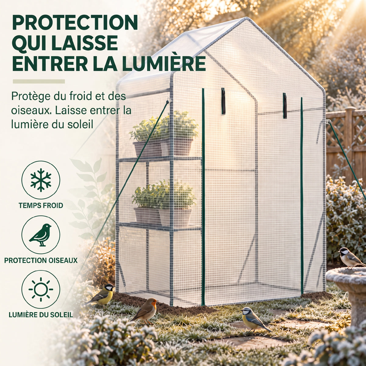 Serre de Jardin PE avec Étagères 2 Niveaux, Bâche Renforcée 140 g/m², Porte Zippée Enroulable, 143x73x195cm, Blanc-3
