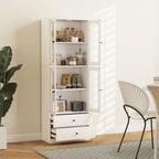 Buffet haut cuisine, armoire de cuisine avec portes vitrées, tiroirs et étagères réglables, 59x30x170cm, blanc brillant-9
