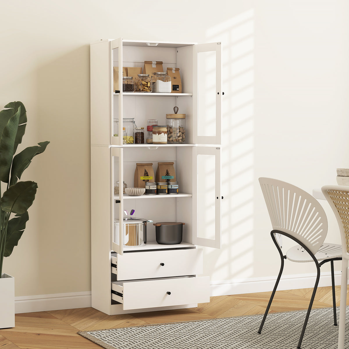 Buffet haut cuisine, armoire de cuisine avec portes vitrées, tiroirs et étagères réglables, 59x30x170cm, blanc brillant-9