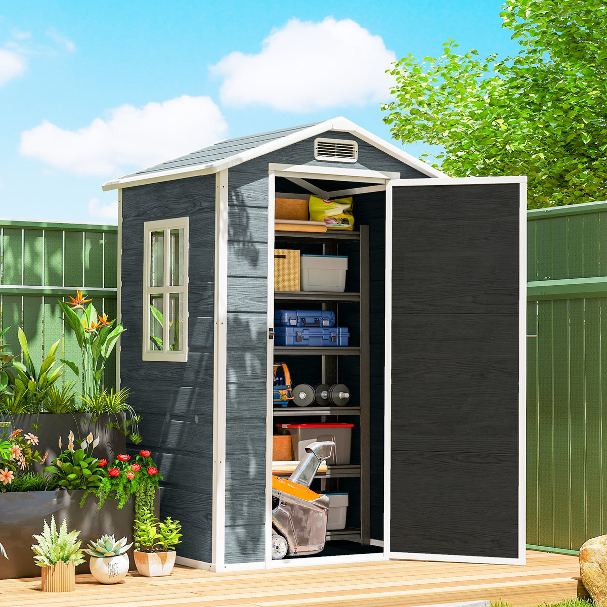 Abri de jardin en plastique avec plancher porte verrouillable fenêtre et ventilation 128 x 104 x196 cm gris-1