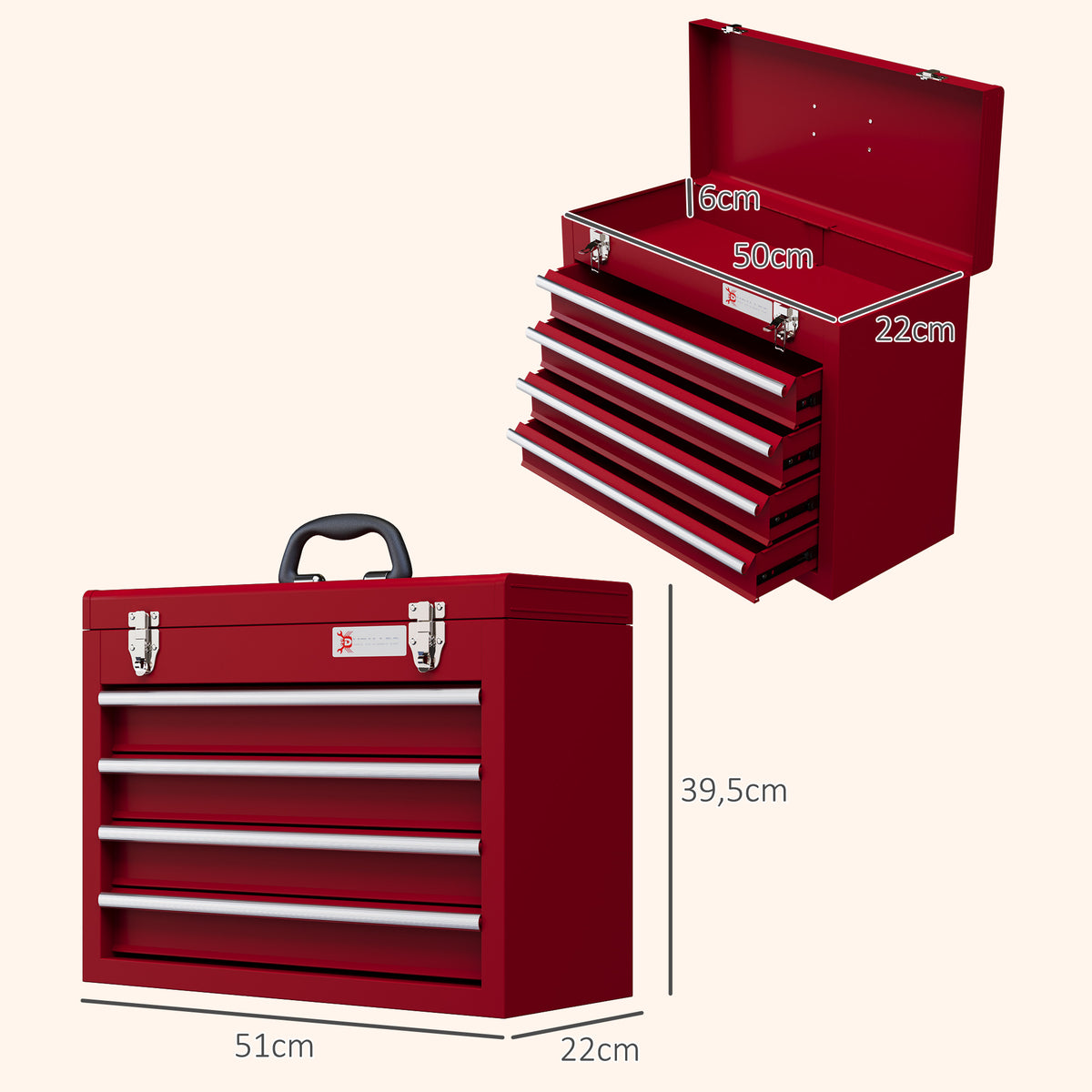 Boite à outils métallique coffret à outils caisse à outils 4 tiroirs + plateau tôle acier 51 x 22 x 39,5 cm rouge-2