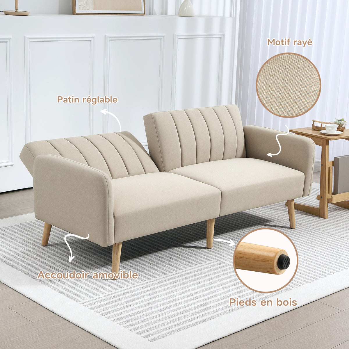 Canapé Convertible 2 Places Design scandinave Dossier inclinable 3 Positions Pieds Bois Tissu Aspect Lin Beige-5