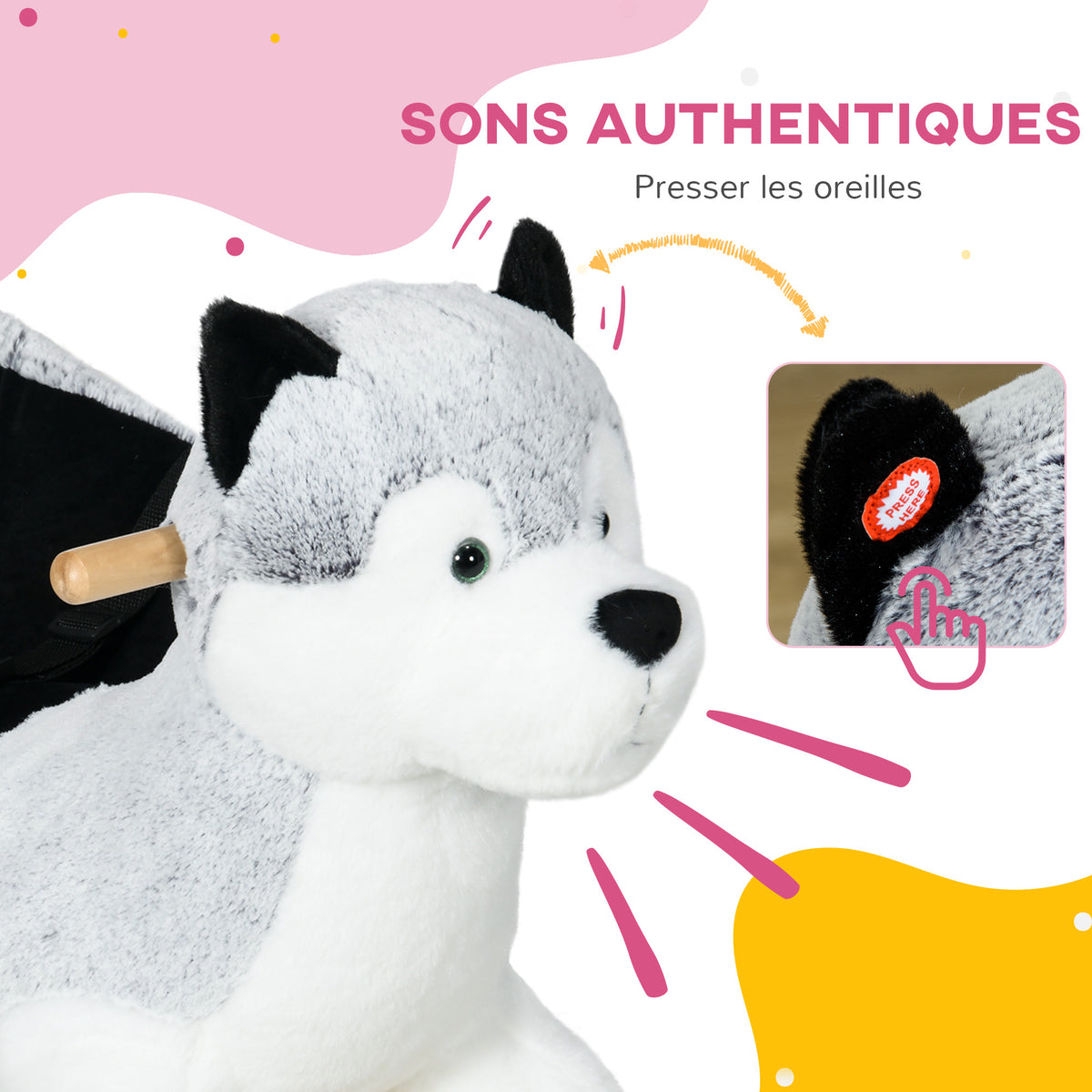 Husky à bascule pour enfants cheval à bascule jouet à bascule bébé 18-36 mois - musique poignées ceinture de sécurité-3