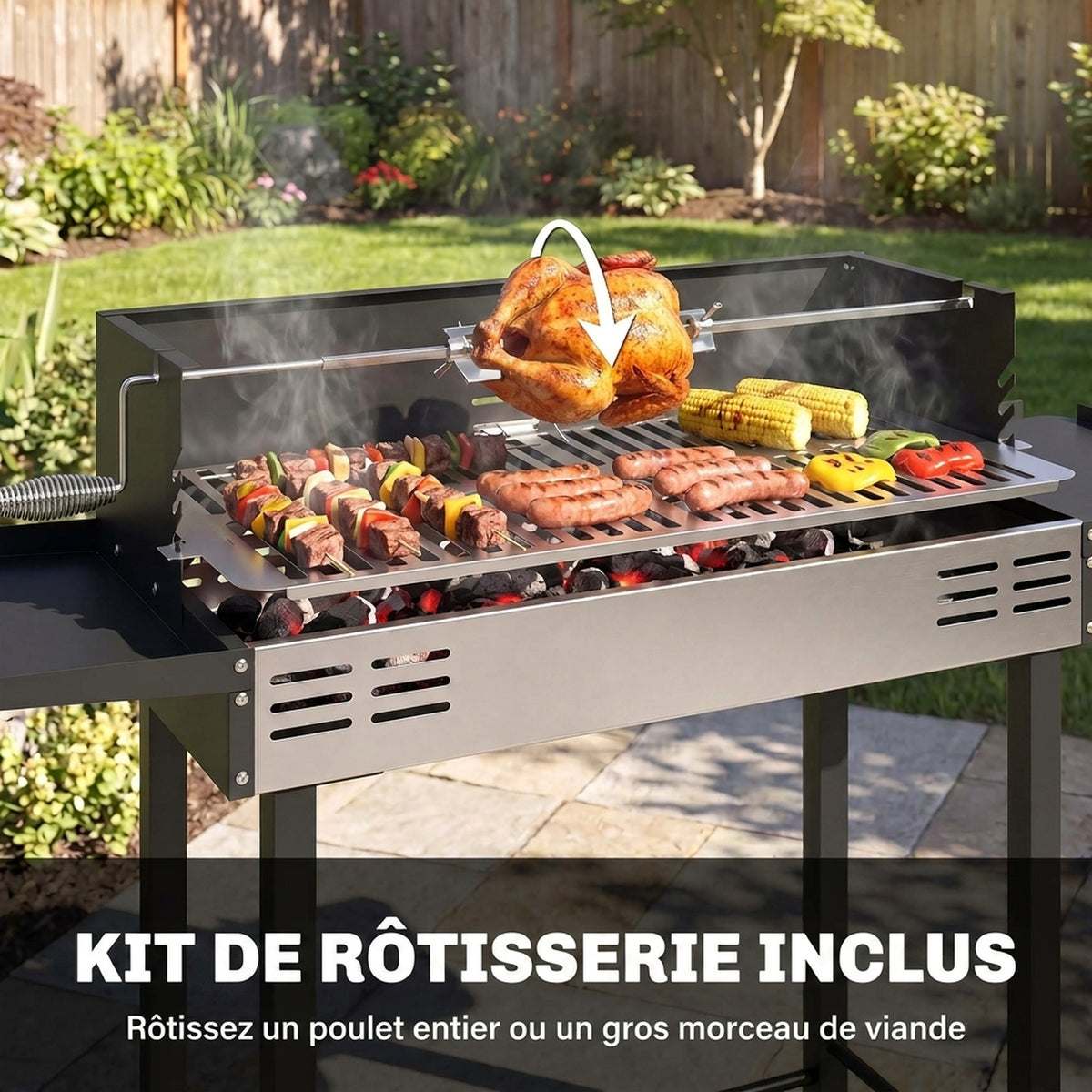 Barbecue charbon de bois BBQ avec grille de gril à 3 niveaux et étagères latérales pliables, 118 x 32 x 90 cm, noir-3