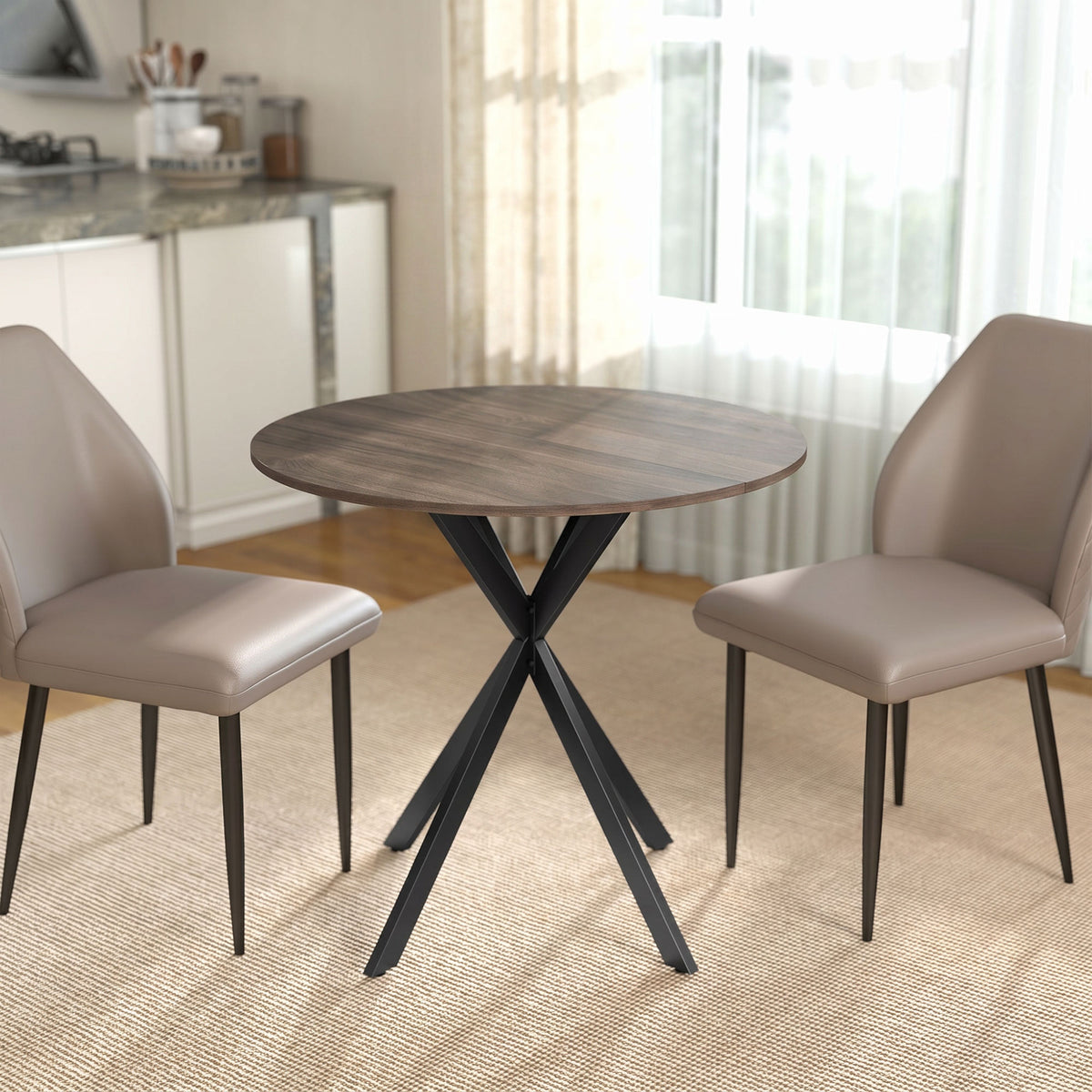 Table à manger ronde pour 2 personnes avec plateau aspect bois et piètement croisé en acier, marron-1