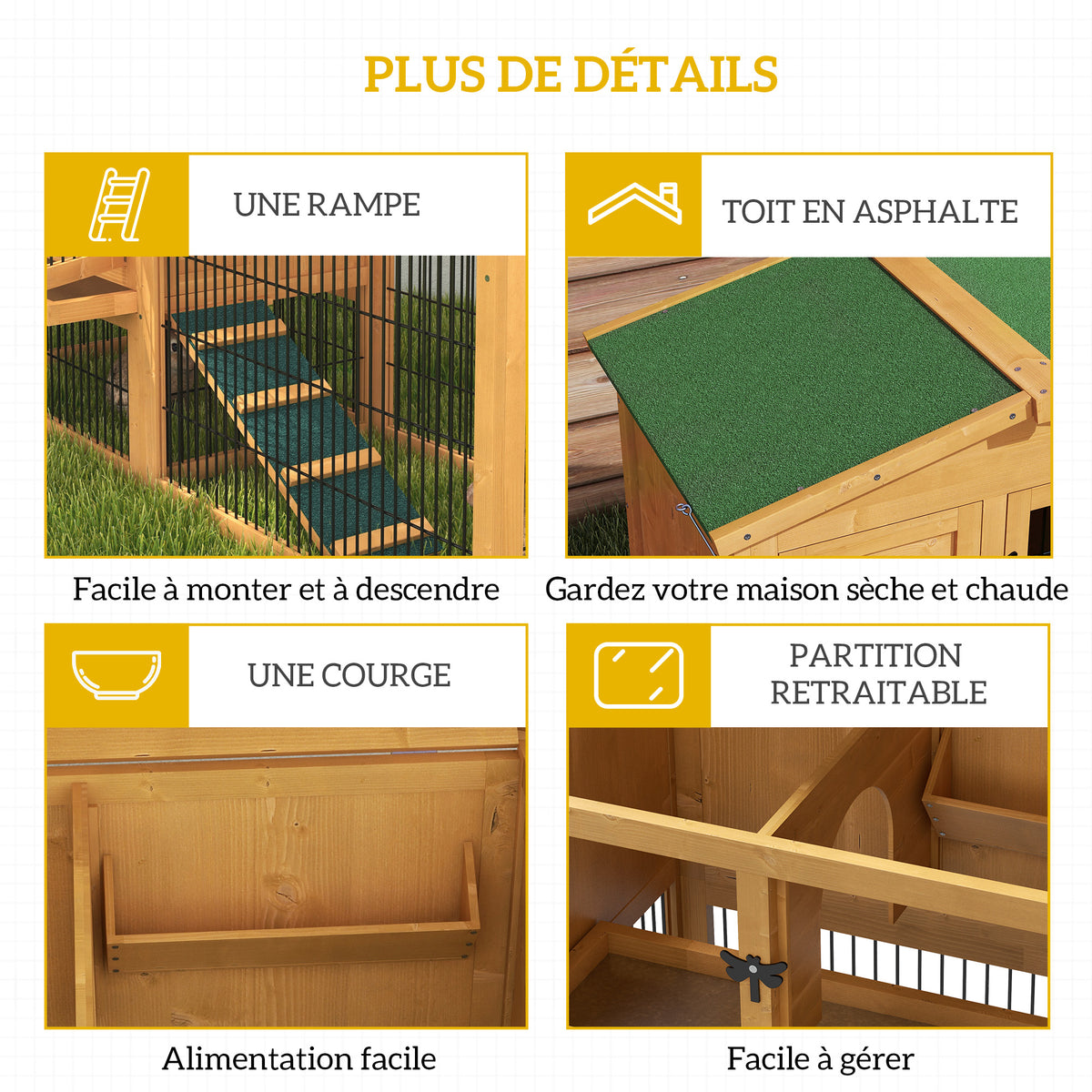 Clapier de sol cage à lapin niche supérieure avec rampe enclos extérieur porte verrouillable 150 x 52,5 x 68 cm jaune-6