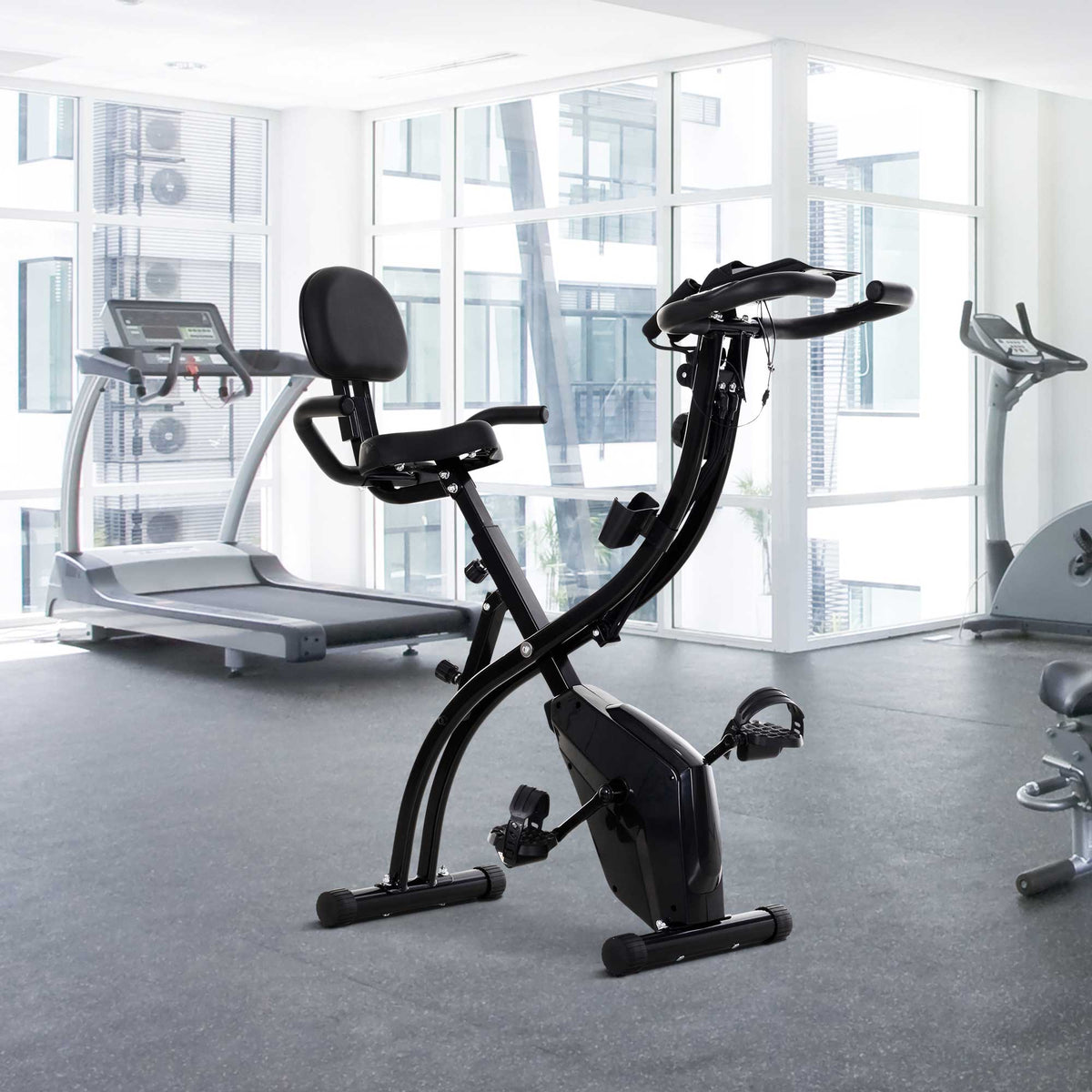 Vélo d'Appartement Pliable 4-en-1 - Ergomètre Magnétique Silencieux avec Cordes de Résistance - Sport Maison et Cardio-training avec Roulettes, Selle Confort et LCD (Max 120kg), Noir-9