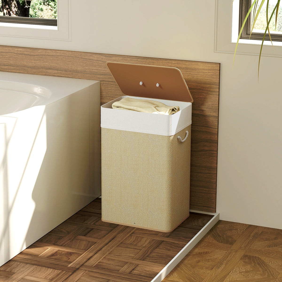 Panier à linge 72 L, corbeille à linge sale en bambou avec couvercle, poignées en corde, doublure amovible, crème-7