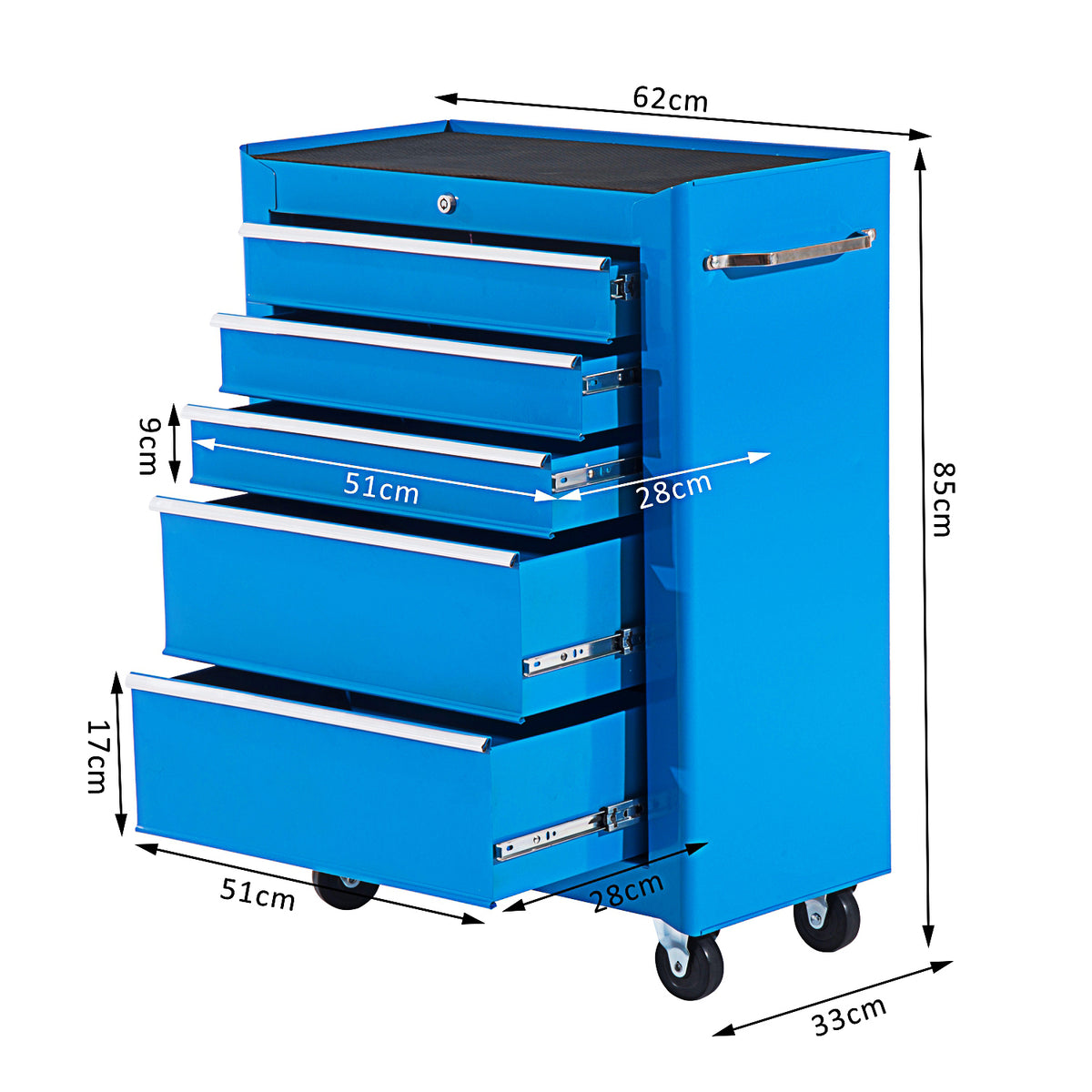Chariot à outils sur roulettes, Servante d'atelier en acier 5 tiroirs verrouillable 2 clés, 61,5 x 33 x 82,5 cm, bleu-2