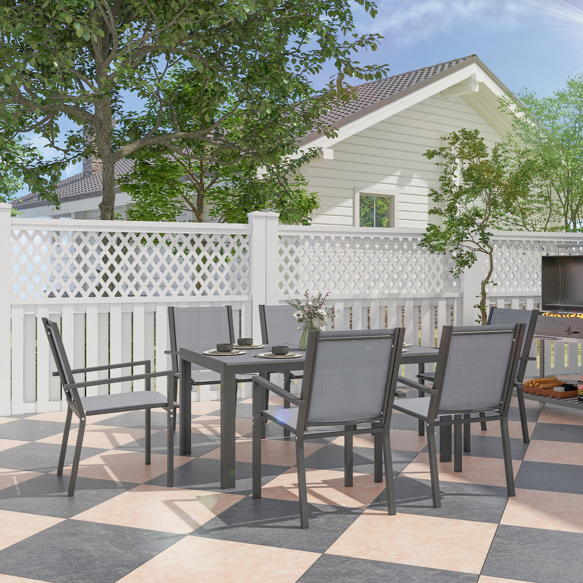 Ensemble de salle à manger de jardin pour 6 personnes salon de jardin extérieur cadres en acier chaises empilables gris-1