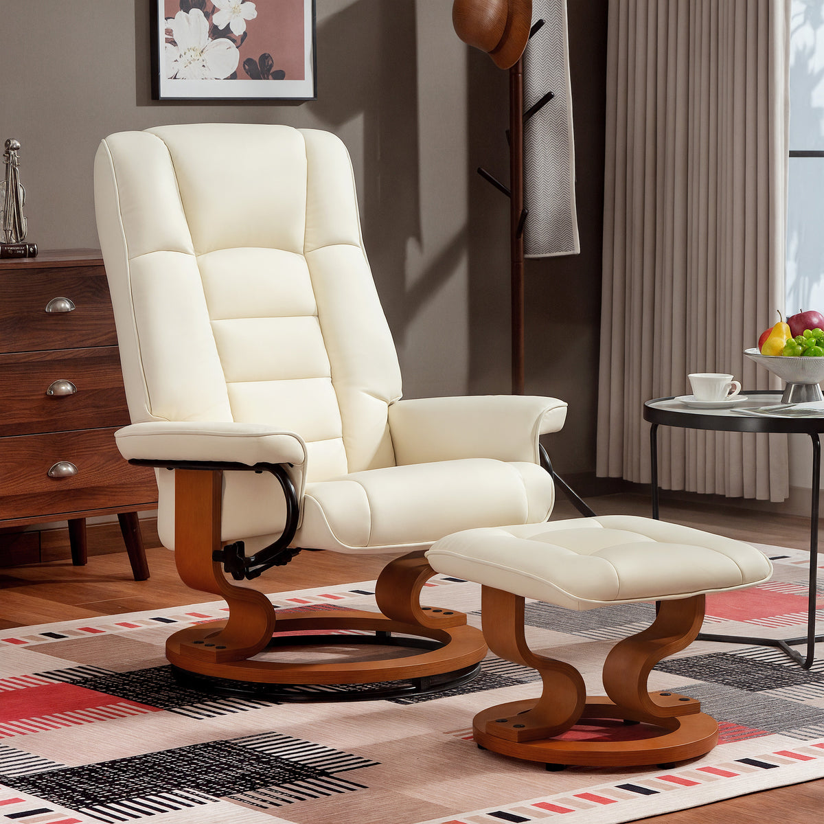 Fauteuil de relaxation inclinable avec repose-pied, pivotant, cadre en bois , revêtement synthétique crème-9
