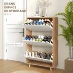 Meuble à chaussures 3 abattants avec étagère réglable, 72L x 24P x 119H cm, naturel et blanc-3