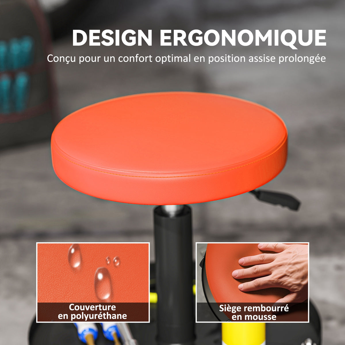Tabouret d'atelier à 5 roulettes pivotantes 360°, hauteur réglable 38-50 cm, avec plateau, 38 x 38 x 38-50 cm, orange-5