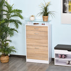 Armoire à Chaussures Meuble rangement Chaussures 2 Portes abattantes 2 Compartiments, tiroir, Plateau en Verre - Bois chêne Blanc-1