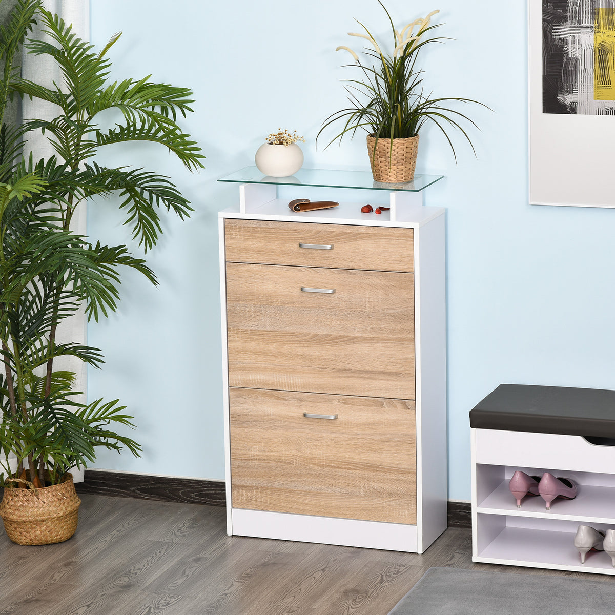 Armoire à Chaussures Meuble rangement Chaussures 2 Portes abattantes 2 Compartiments, tiroir, Plateau en Verre - Bois chêne Blanc-1
