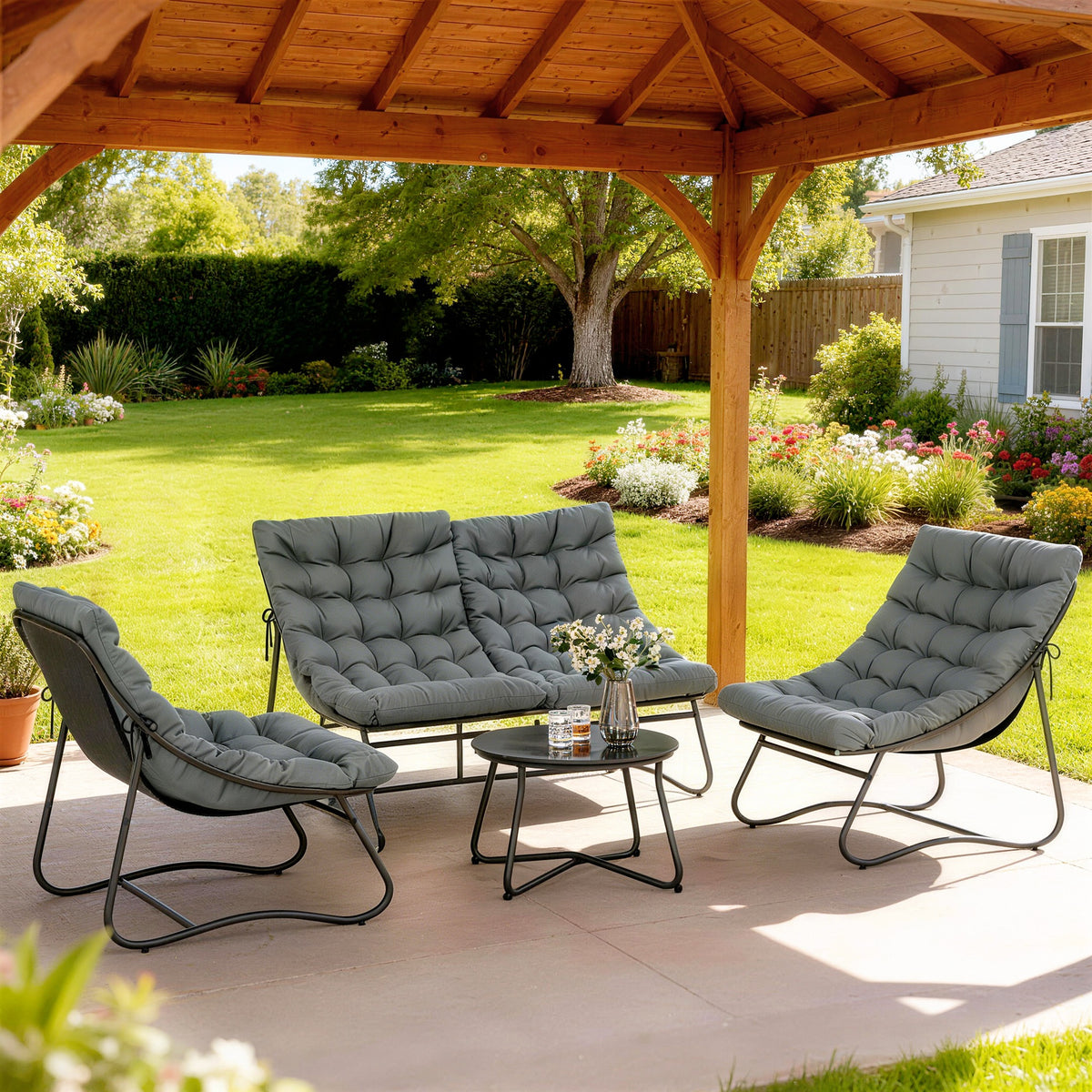 Salon de Jardin 4 Pièces avec Coussins Épais 8cm Ensemble Mobilier Extérieur en Acier et Textilène Respirant Gris-1