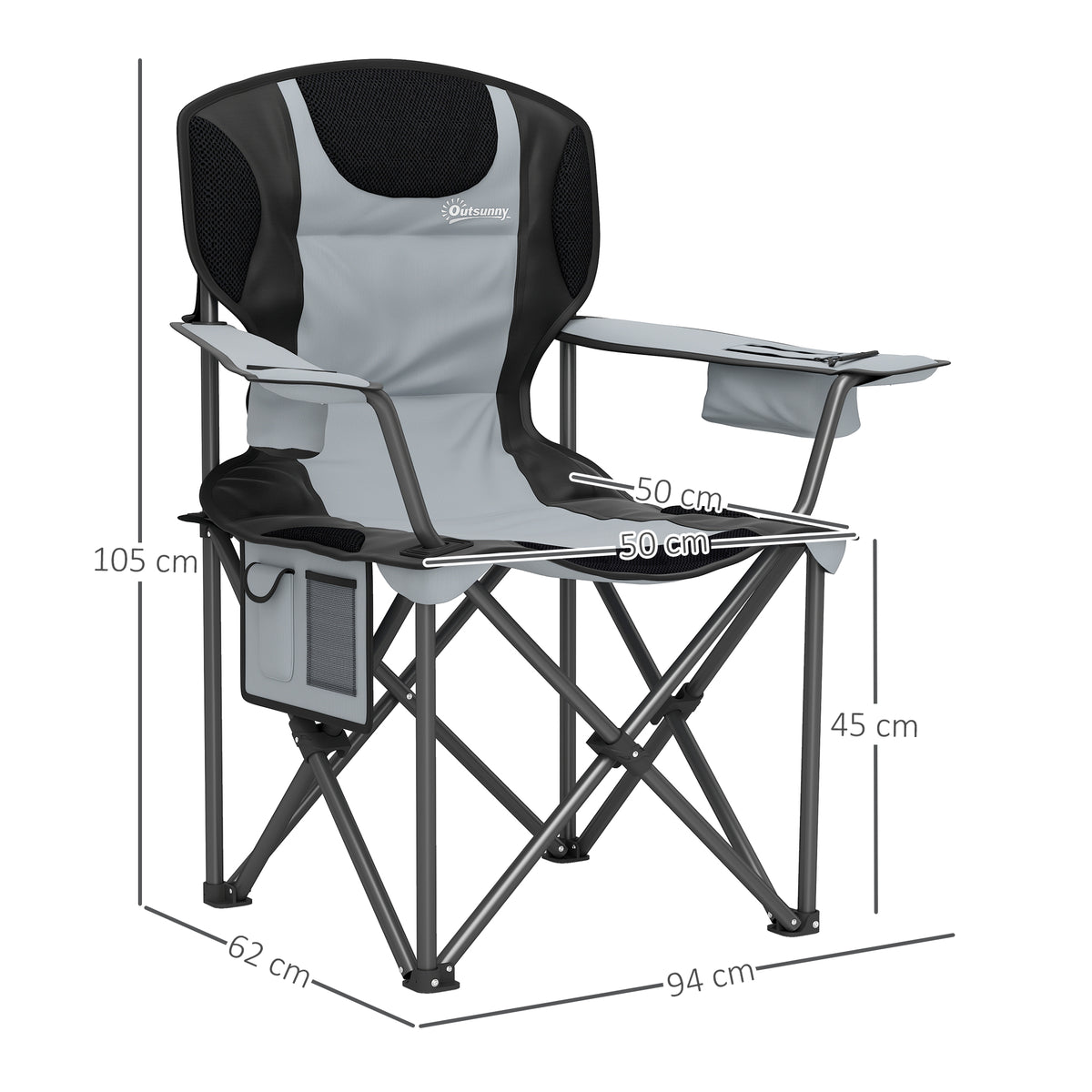 Chaise de camping pliante avec accoudoirs réglables, porte-gobelets, poches latérales et sac de refroidissement, noir-2