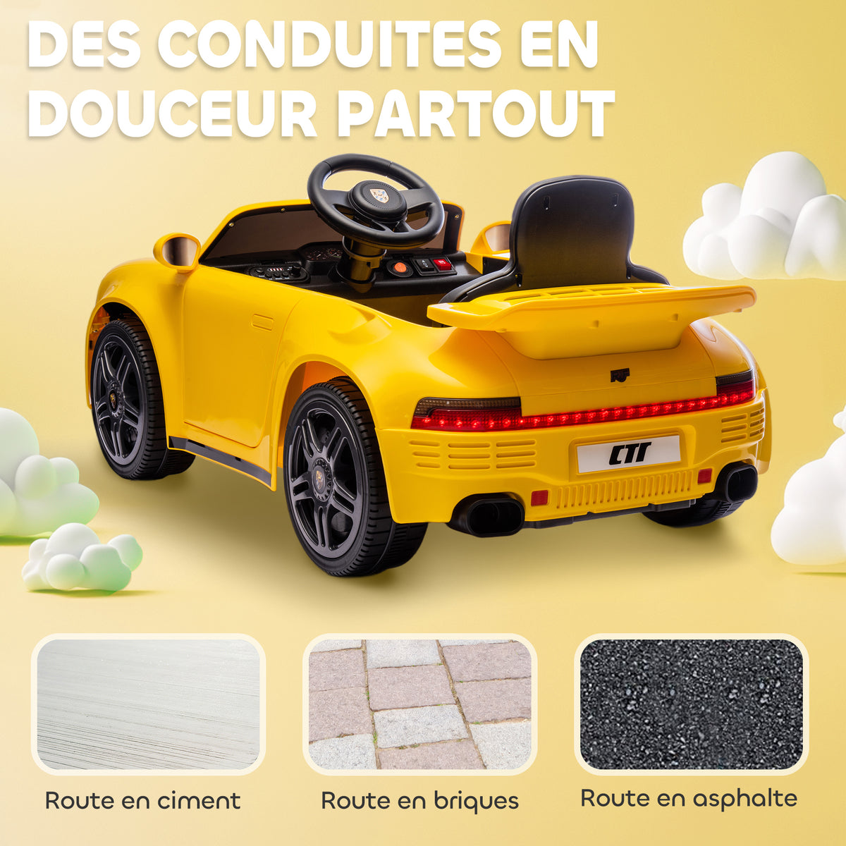 Voiture électrique enfants, véhicule électrique 12V, télécommande 2,4G, phares, musique, klaxon, 103 x 55 x 44 cm, jaune-5