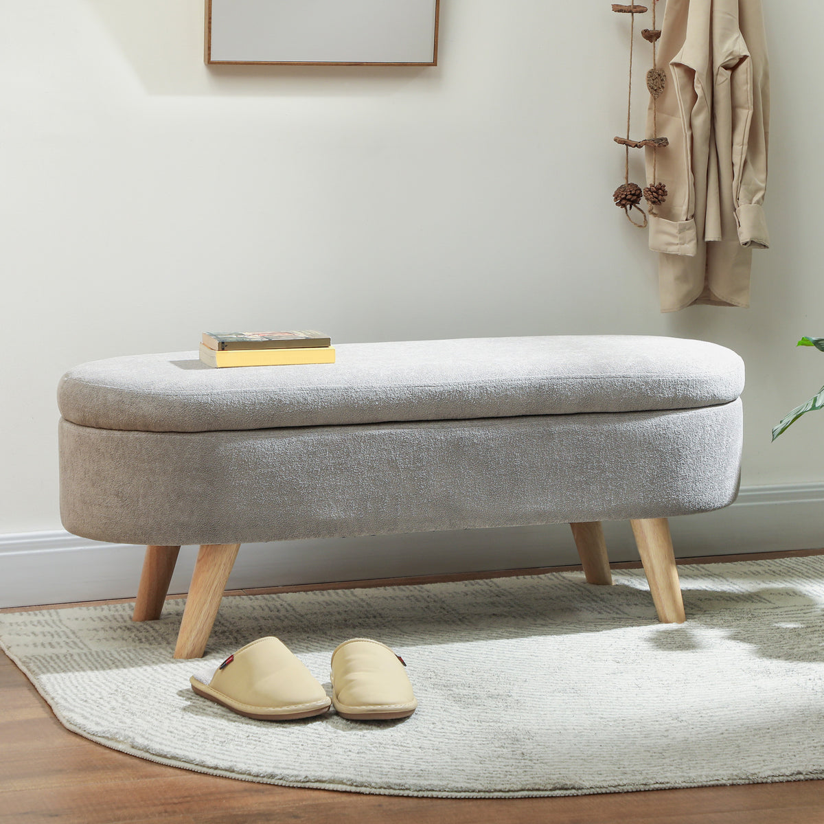 Banc banquette bout de lit coffre de rangement 2 en 1 en tissu avec pieds en bois 110l x 40P x 43H cm gris clair-7