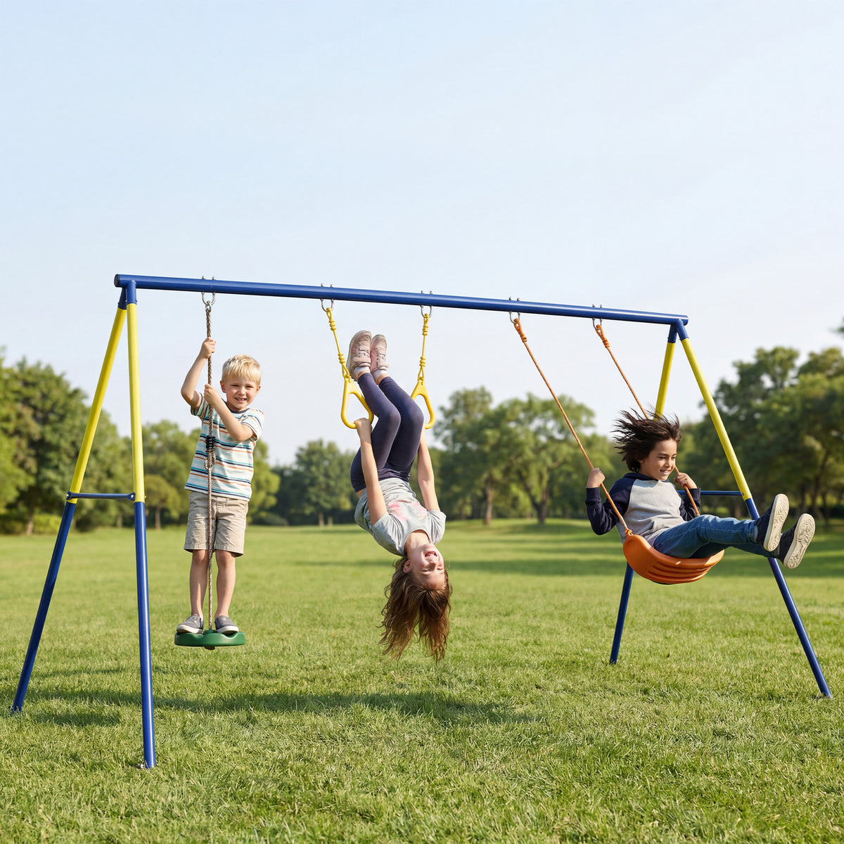 Portique Balancoire Exterieur Enfants 3-en-1, Siège de Balancelle, 2 Anneaux Gymnastique et Balançoire à Disque-1