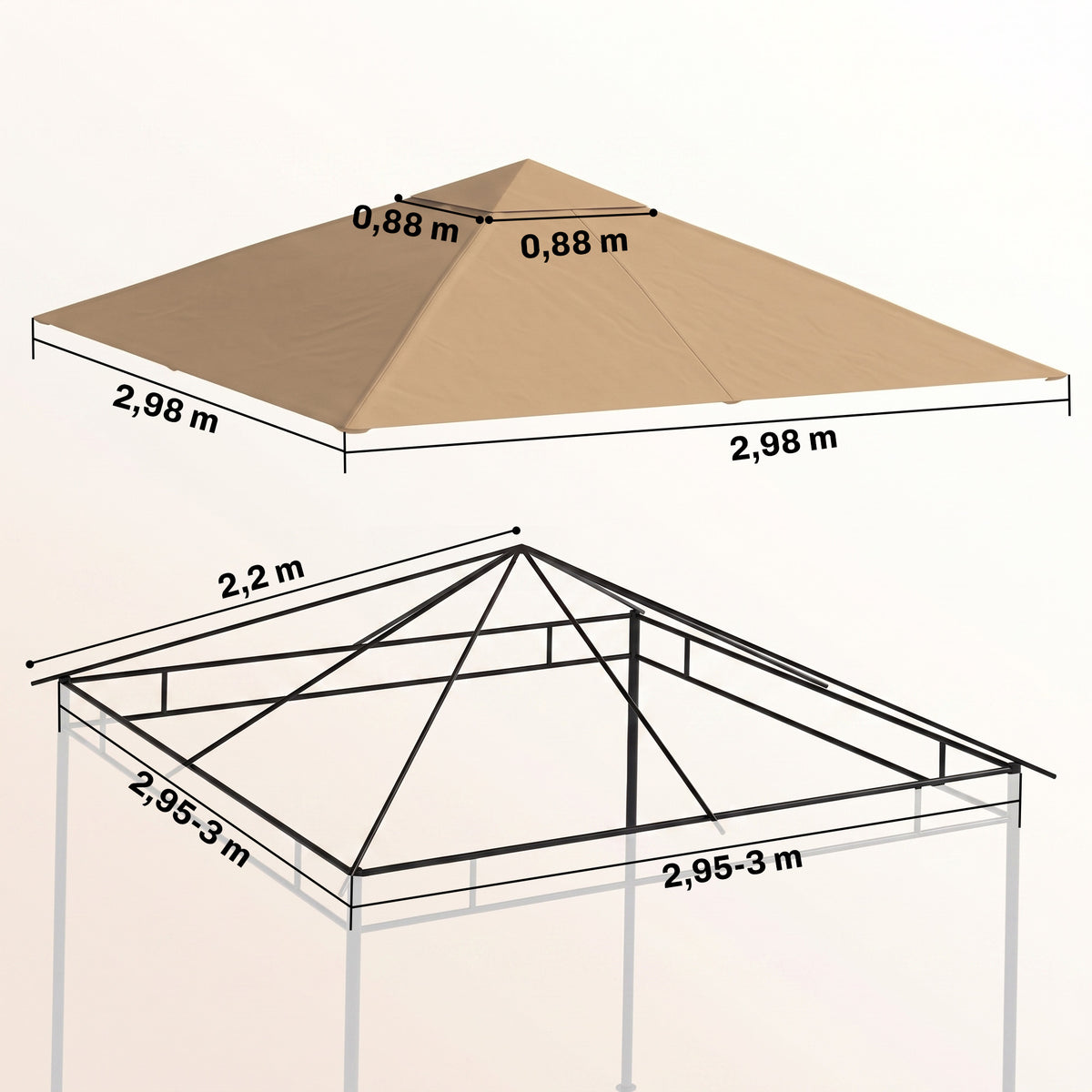 Toile de rechange pour pavillon toit de remplacement gazebo tissu polyester haute densité 180 g/m² anti-UV 3 x 3 m beige-2