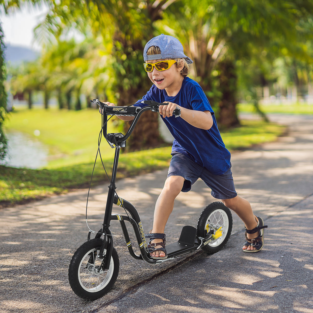 Trottinette enfants, grandes roues pneumatiques 12 pouce en caoutchouc, charge 100 kg, trottinette tout terrain avec double freins, hauteur réglable et béquille latérale, 5 à 12 ans, noir-9