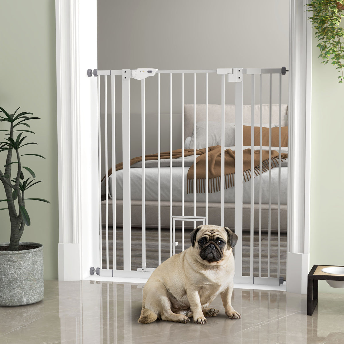 Barrière de sécurité animaux de 104,1H cm avec porte fermeture automatique système de double verrouillage blanc-1