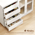 Buffet salon, meuble de rangement avec 4 tiroirs et 2 portes en verre trempé, étagère réglable, 120 x 40 x 91 cm, blanc-3