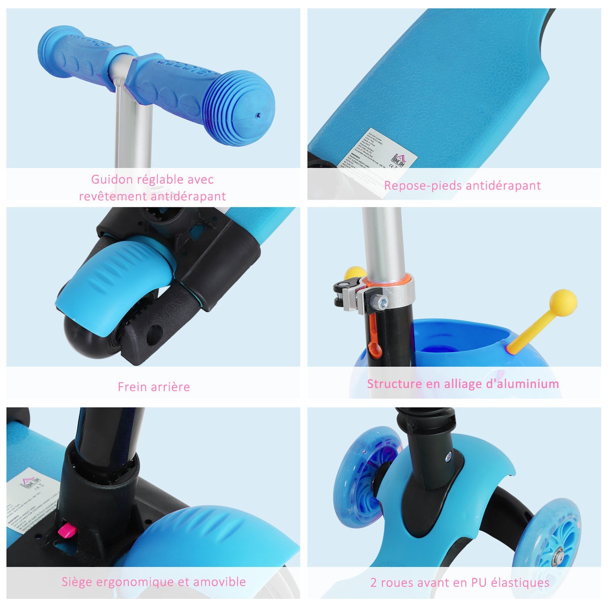 3 en 1 Trottinette pour Enfants Trottinette 3 Roues évolutive Hauteur Guidon réglable charge max. 50 Kg Canne télescopique Selle Dossier Amovible Bleu-6