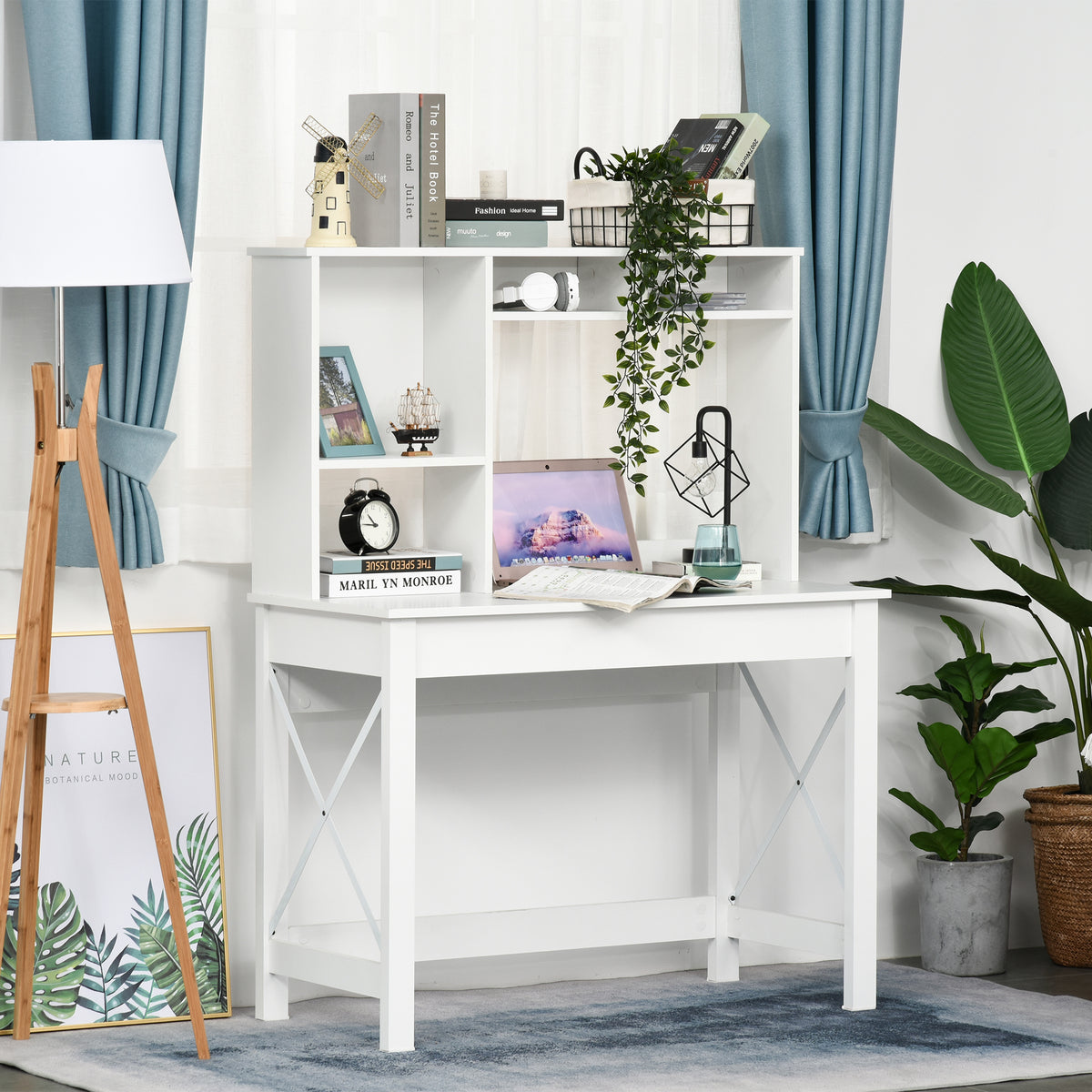 Bureau avec rangement bibliothèque en bois moderne avec étagères et grand plateau pour petits espaces maison chambre à coucher, 105 x 50 x 137,5 cm, blanc-1