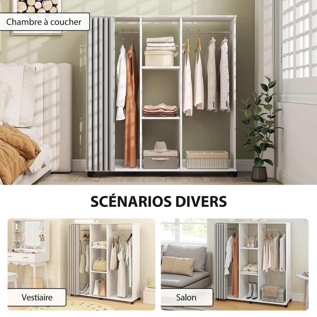 Armoire penderie Meuble de Rangement Mobile 6 roulettes 120L x 40l x 128H cm en bois blanc-4