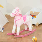 Cheval à Bascule en Bois et Peluche pour Enfant Cheval de Cowboy peluche Pour Enfants de 3-6 Ans Jouet balançoire avec Effet sonore Selle rênes Rose Blanc-9