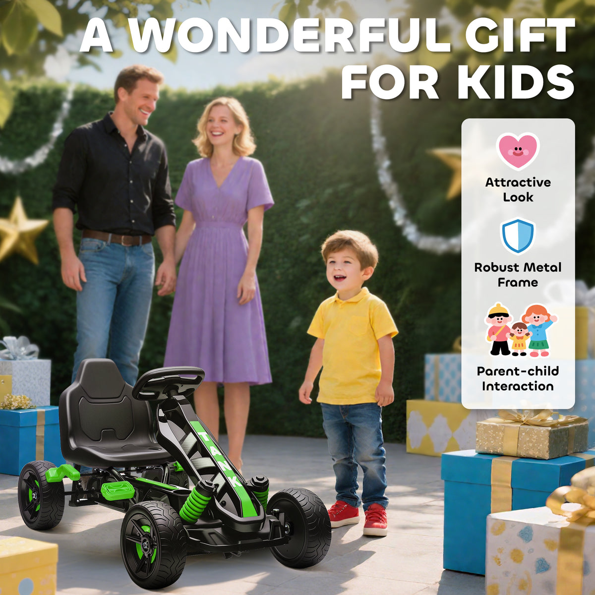 Kart à pédales pour enfants, karting enfant 3 à 6 ans avec roue libre, frein, roues EVA antidérapantes, vert-7