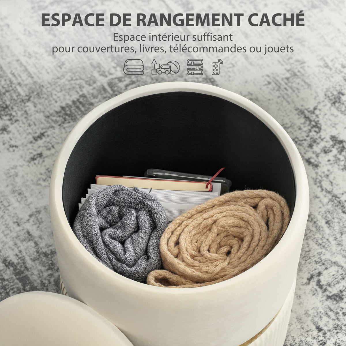 Pouf tabouret repose-pied coffre de rangement en velours côtelé 36 x 36 x 44 cm pour salon chambre beige-3