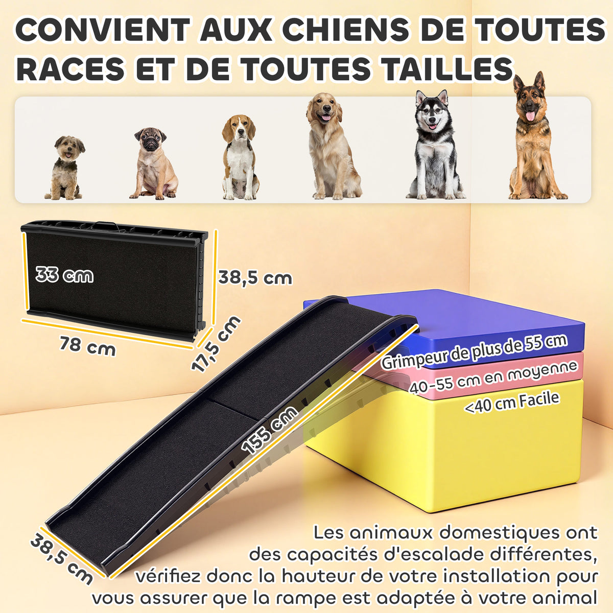 Rampe pliable pour chiens, escalier pour chien en PP avec pente douce et surface antidérapante, 155x38,5x15,5cm, noir-2