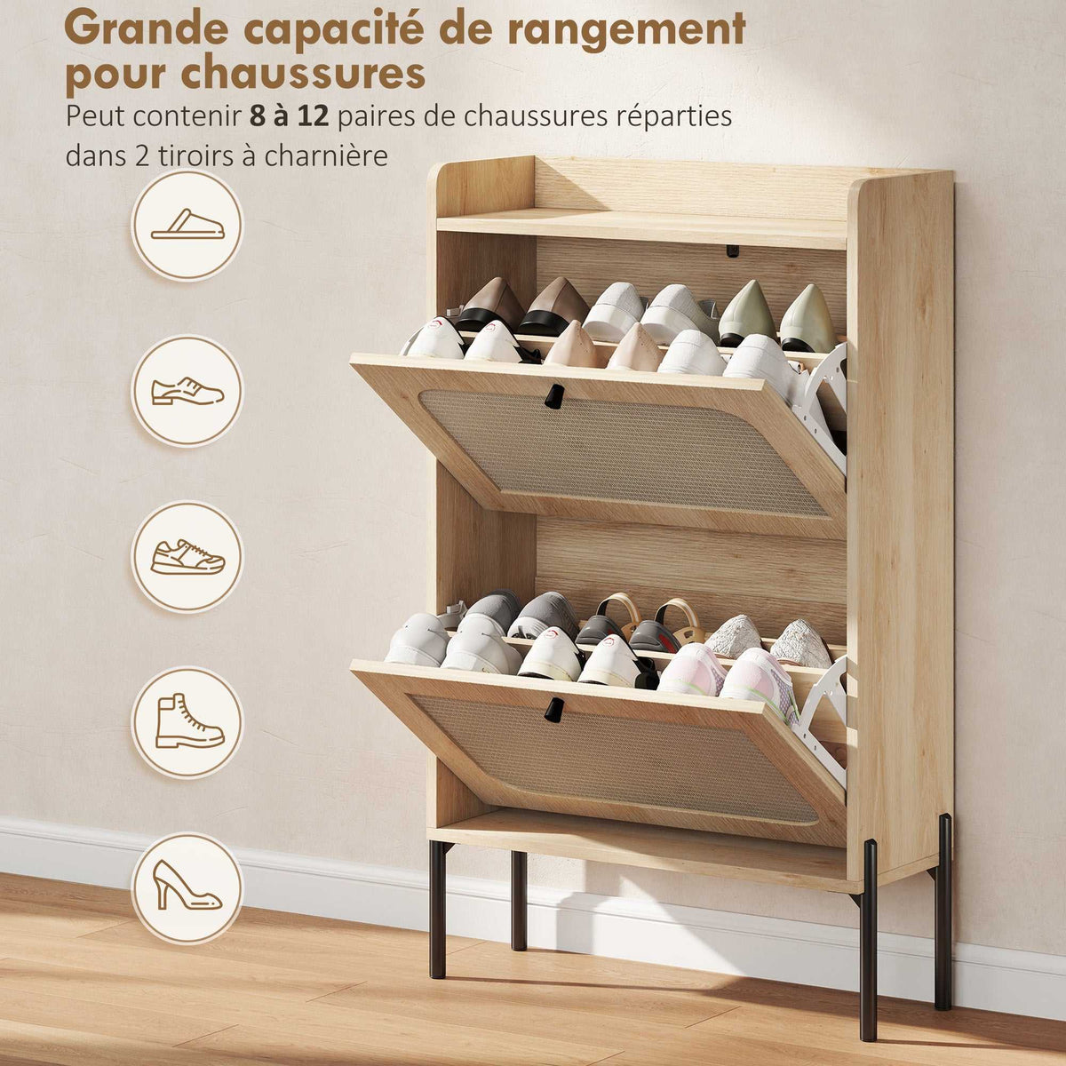 Meuble à chaussures 12 paires, armoire à chaussures, 2 tiroirs rabattables, portes en rotin et étagères réglables, chêne-4